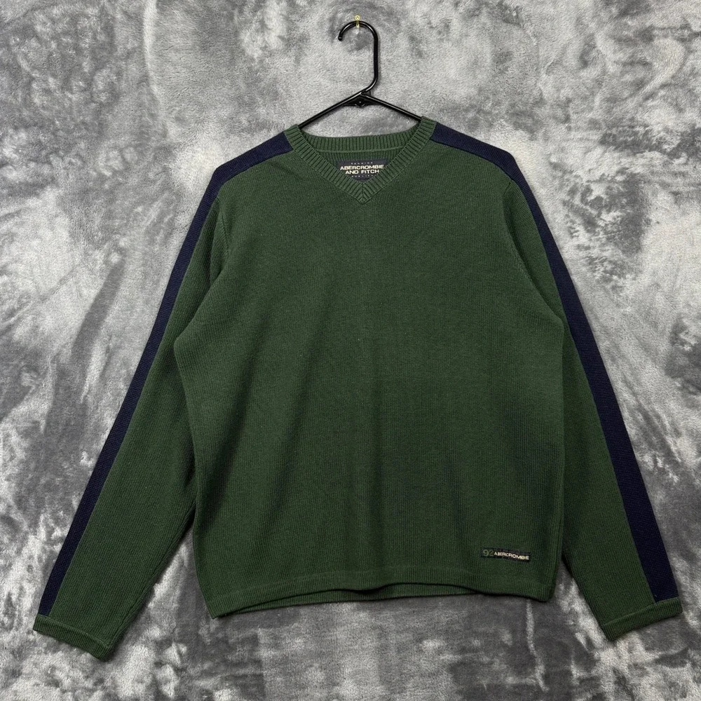 Abercrombie & Fitch Sweater Mens M Green Excellent V-Neck Colorblock Knit Stripe